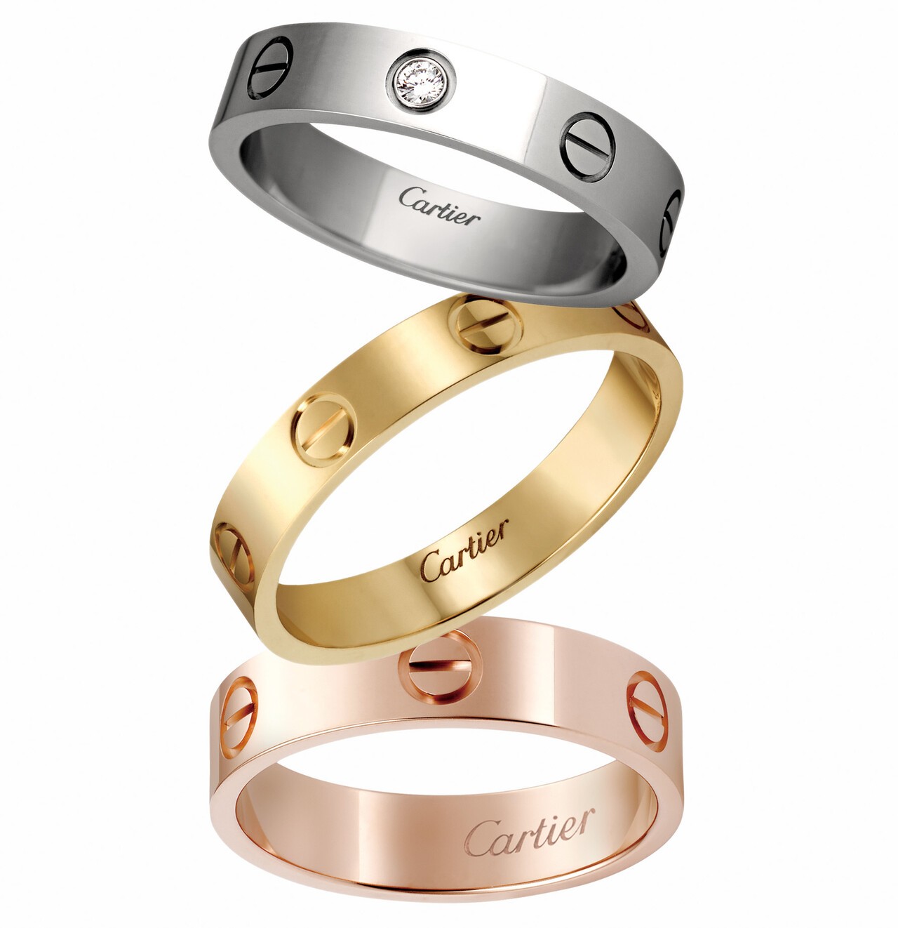 화이트골드, 옐로 골드, 핑크 골드 버전으로 구성된 시그니처 디자인의 LOVE 링 컬렉션. [사진 까르띠에]